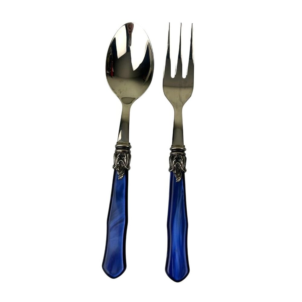 INOX Napoleon 18/10 Made in Italy Blue Stainless Steel Serving Spoon & Fork 9.5"